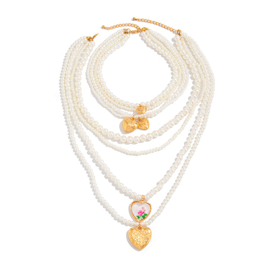 Heart Fringe Pearl Layered Necklace