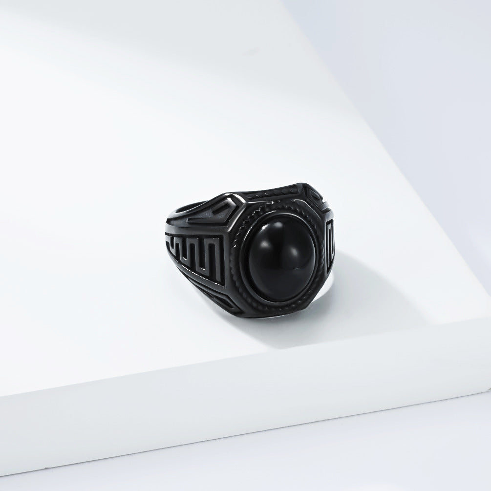 Mens Stainless Steel Ring With Black Stone Retro Trend By Planderful Everyday Genie