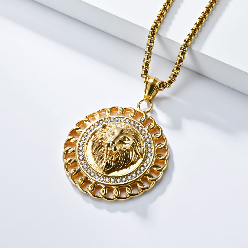 Planderful Lion Head Titanium Stainless Steel Pendant Necklace For Men Personalized Zircon Hip Hop Style
