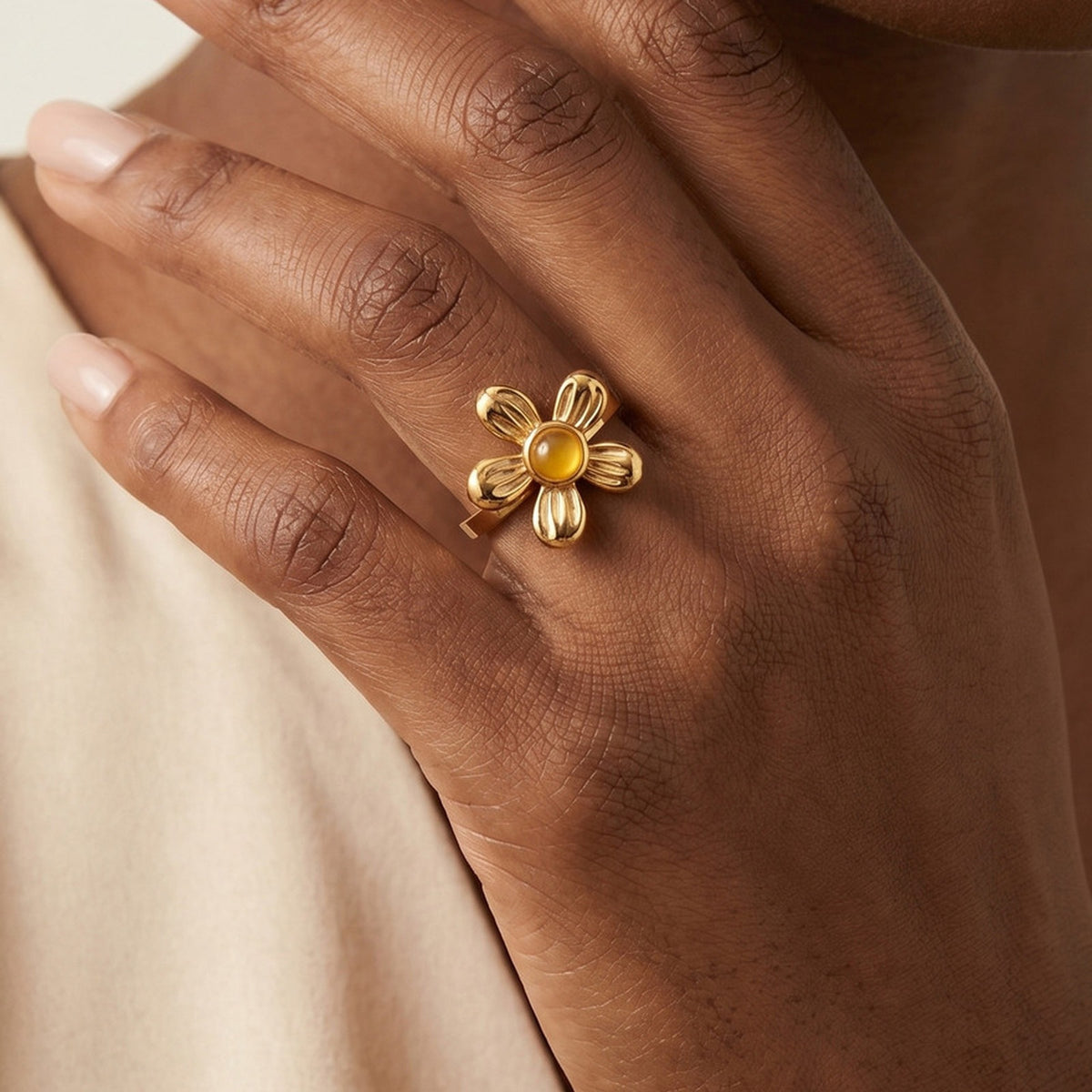 Hot Selling Premium French Stainless Steel Natural Topaz Flower Ring