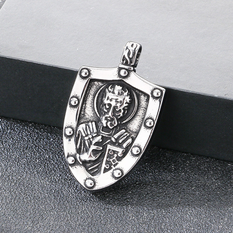 Double Sided Totem Guardian Charm Shield Pendant, Vintage Portrait Cross Sacred Heart Necklace