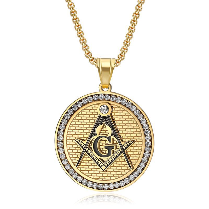 Planderful Freemason Pendant Necklace Gold Plated Titanium Steel With Micro Inlaid Zircon For Freemason Enthusiasts