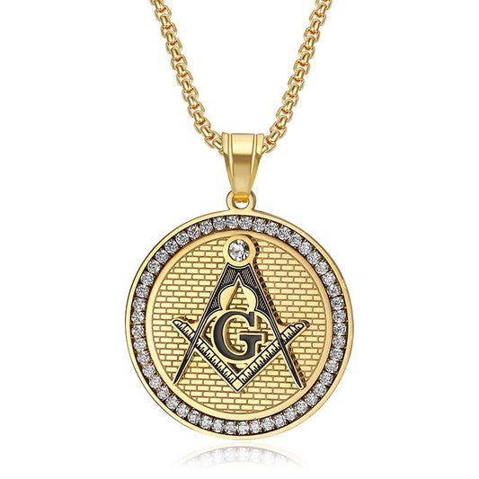 Planderful Freemason Pendant Necklace Gold Plated Titanium Steel With Micro Inlaid Zircon For Freemason Enthusiasts