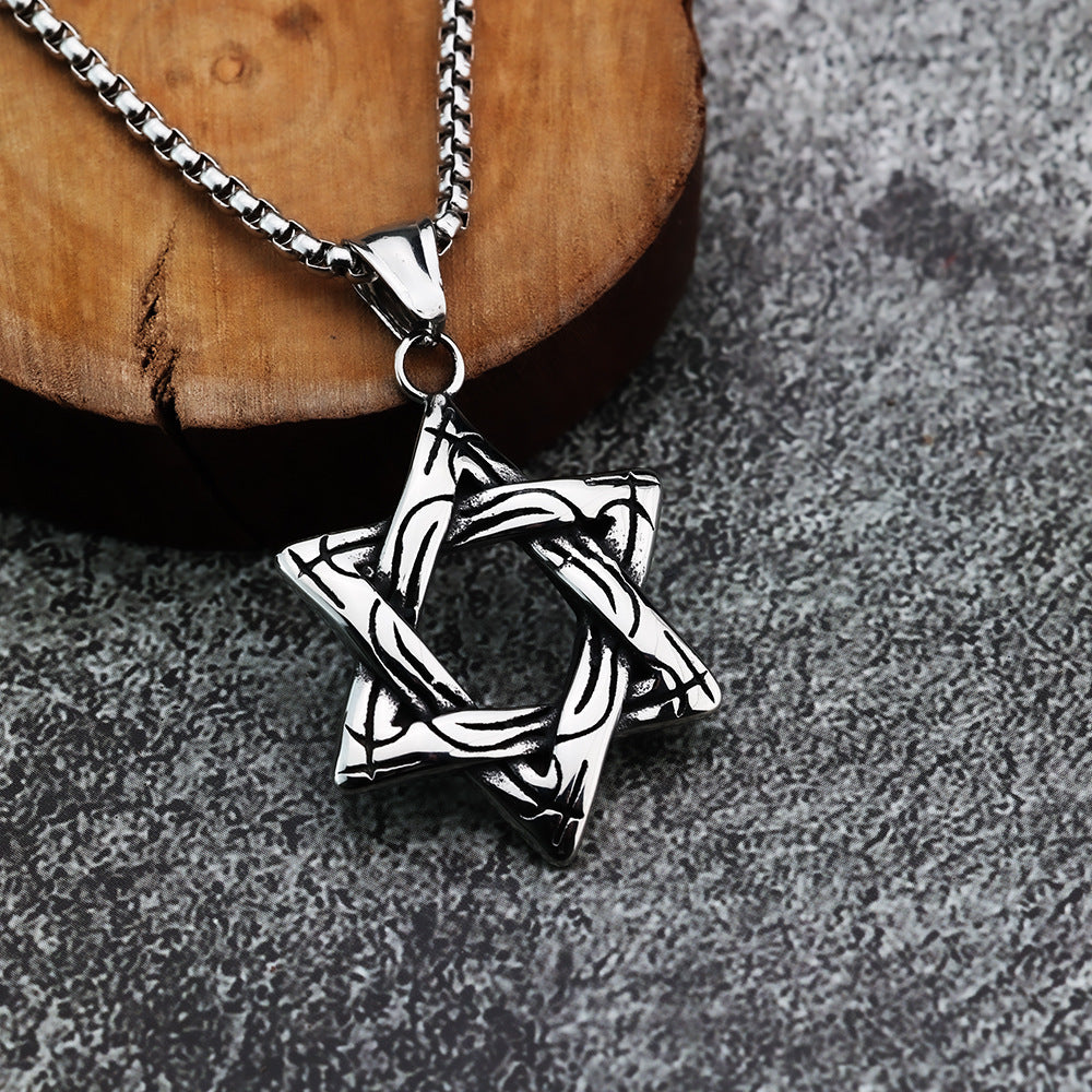 Planderful Titanium Hexagram Pendant For Men Retro Hip Hop Street Necklace Personalized Jewelry