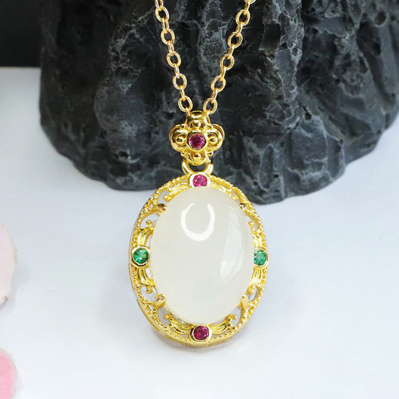 Elegant Natural Hetian Jade and Zircon Clover Necklace with Oval Pendant