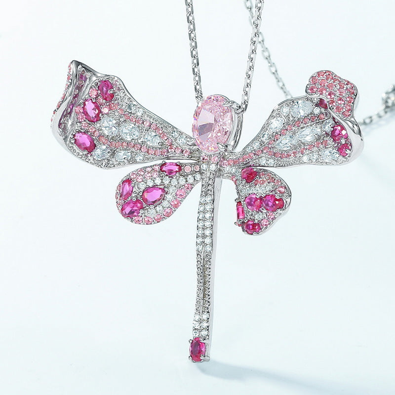 S925 Sterling Silver High-Carbon Stone Dragonfly Pendant Necklace
