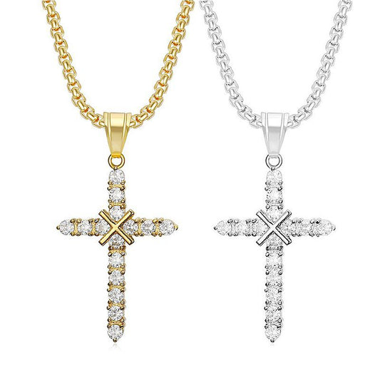 Planderful Hip Hop Jewelry Titanium Steel Gold Plated Zircon Cross Pendant Necklace For Men