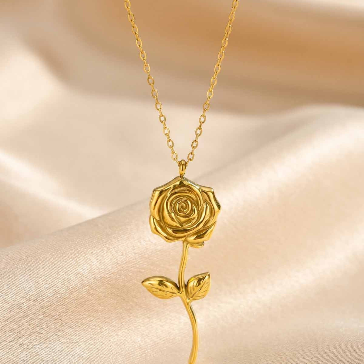 Classic Women's Gold Rose Pendant Necklace – Stainless Steel Romantic Daily