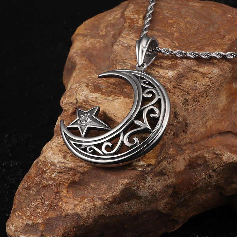 Stylish Titanium Steel Men's Pendant with Zircon Stars and Moon for Fashion Enthusiasts