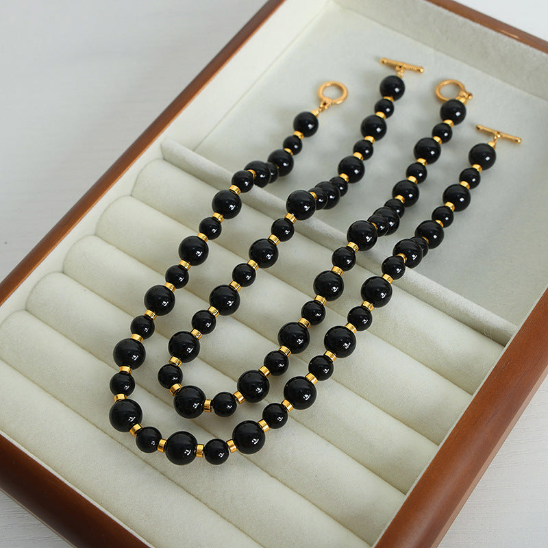 Black Agate Beaded Necklace with OT Buckle - Handcrafted Luxury Jewelry
