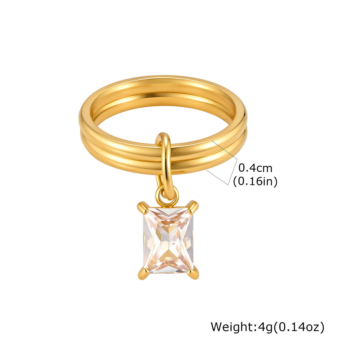 Stainless Steel Double Ring Square White Zircon