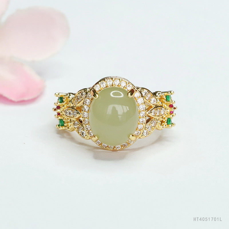 Qingshui Hetian Jade Zircon Clover Ring