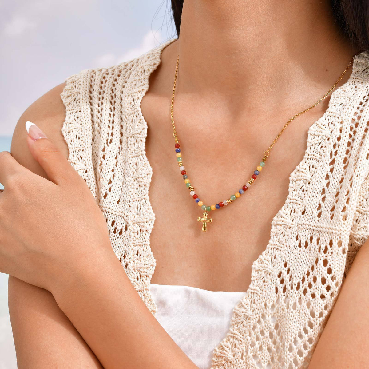 Stainless Steel Colored Natural Stone Bead Cross Cherry Teardrop Heart-Shaped Necklace