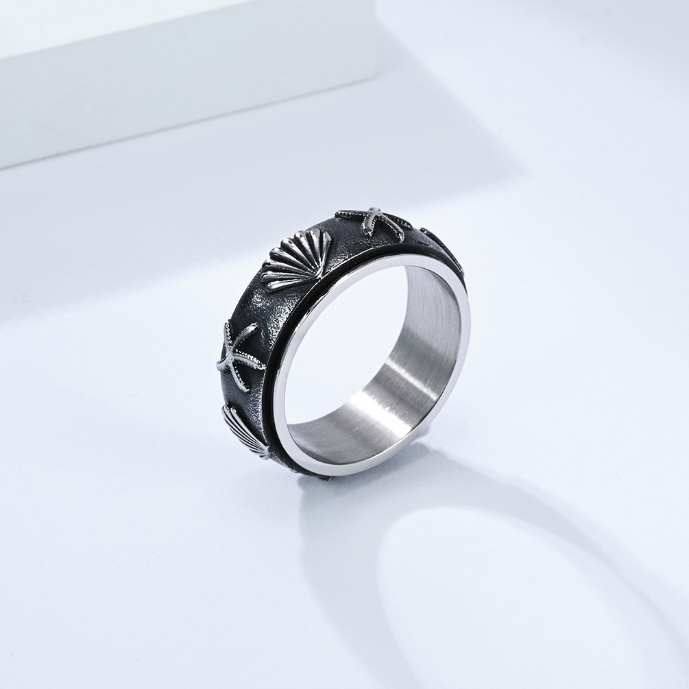 Planderful Rotating Ring Ocean Wind Sea Shell Starfish Titanium Steel Anxiety Relief Unisex