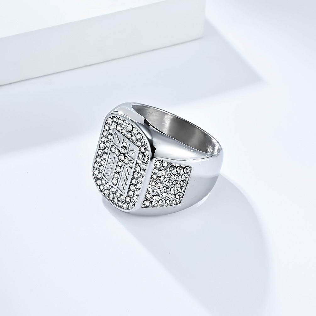 Planderful Premium Hip Hop Ring For Men With Full Zircon Cross 18K Gold Plated Stainless Steel Jewelry
