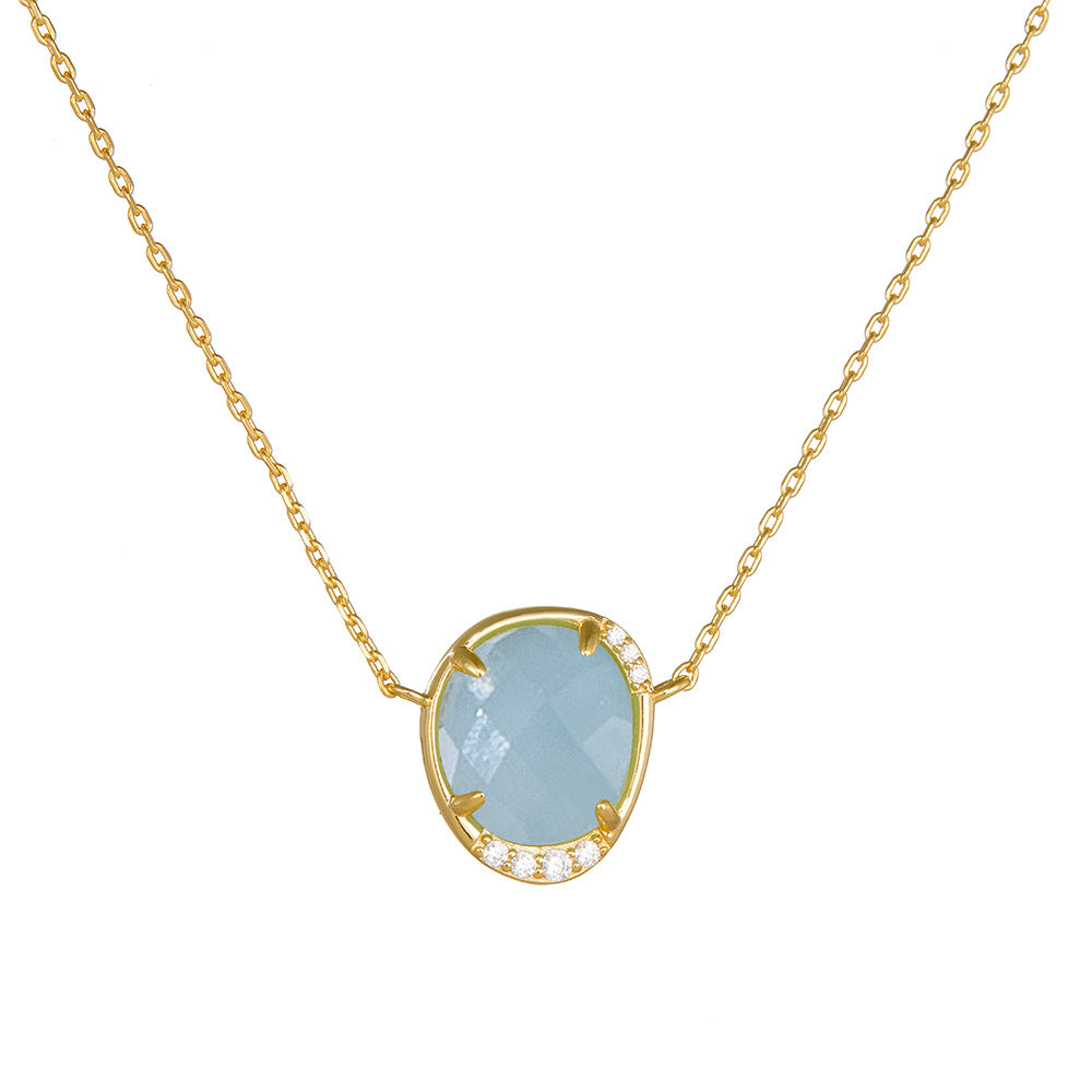 Oval Egg-Shaped Natural Sea Treasure Sapphire Pendant Sterling Silver Necklace High-End Clavicle Chain