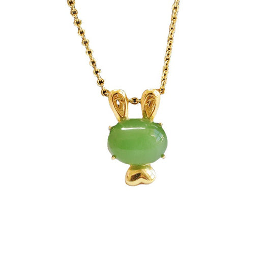Sterling Silver Rabbit Necklace with Natural Hetian Jade Gem - Fortune's Favor Collection