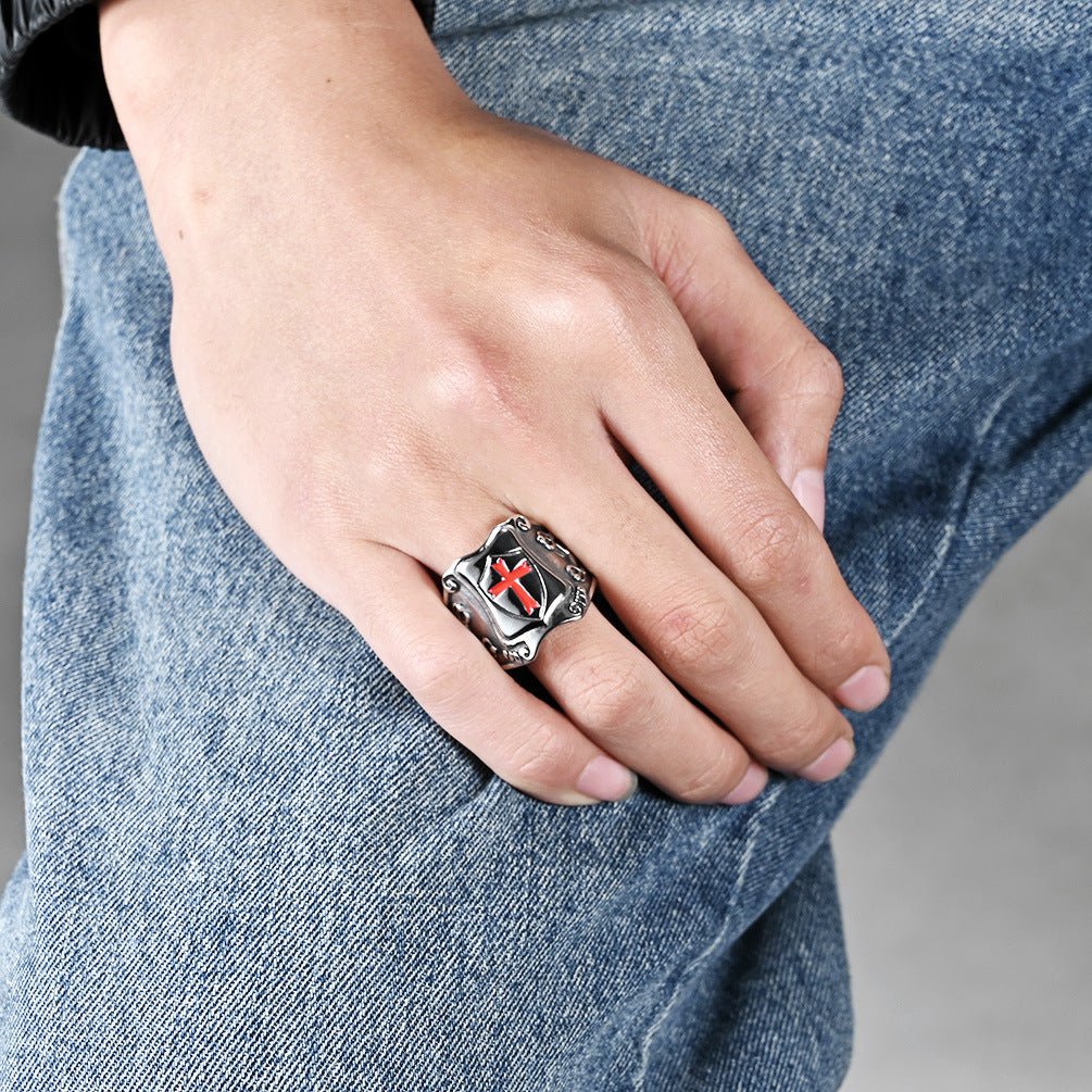 Steel Ring – Statement Cross Shield Punk Military Style For Men Retro Armor Edition By Planderful