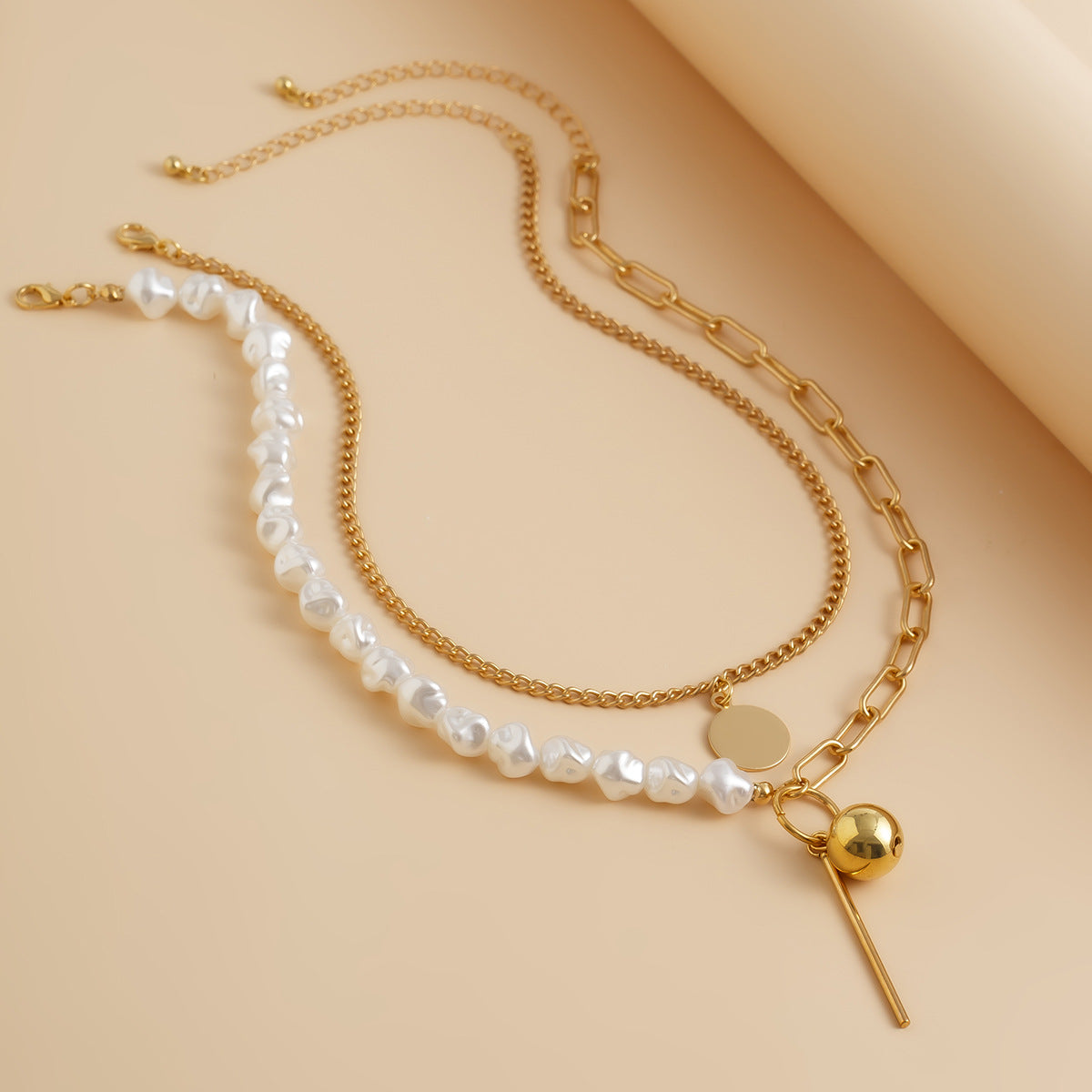 Geometric Pearl-Style Layered Pendant Necklace