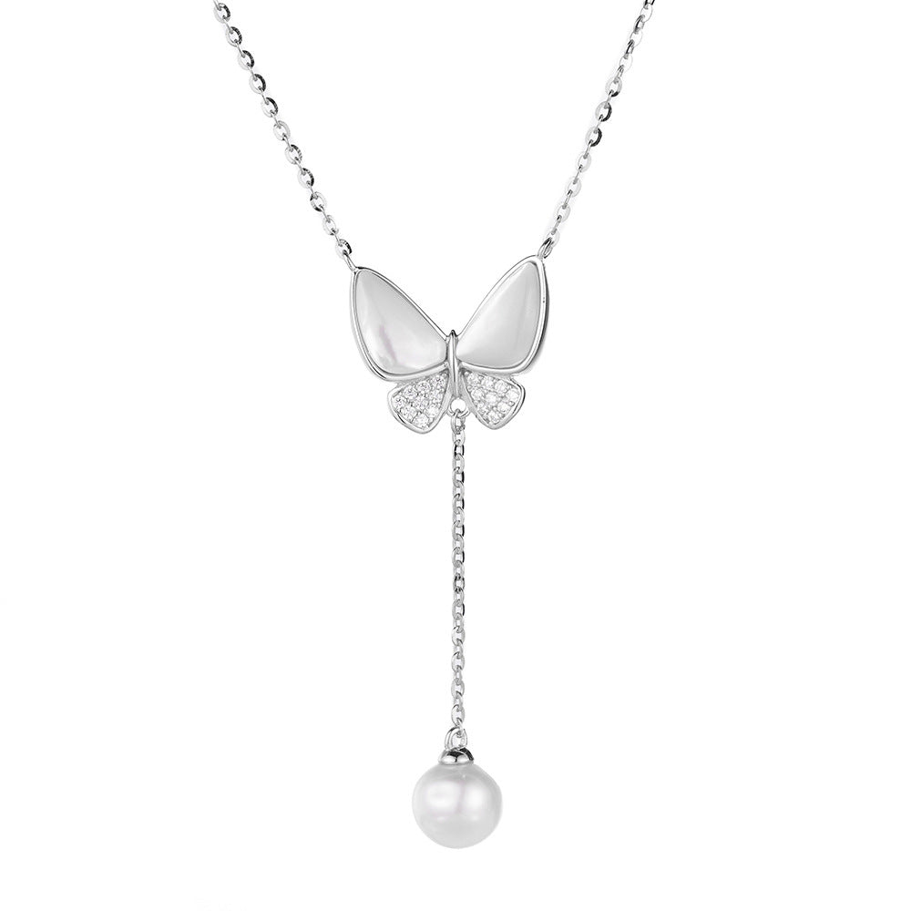 Butterfly Tassel Pearl Silver Necklace