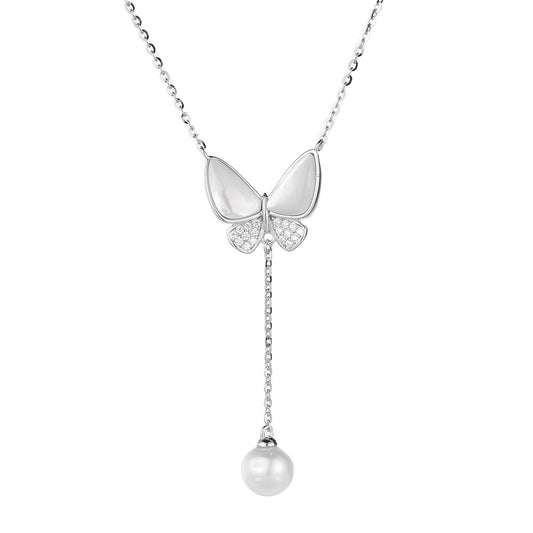 Butterfly Tassel Pearl Silver Necklace
