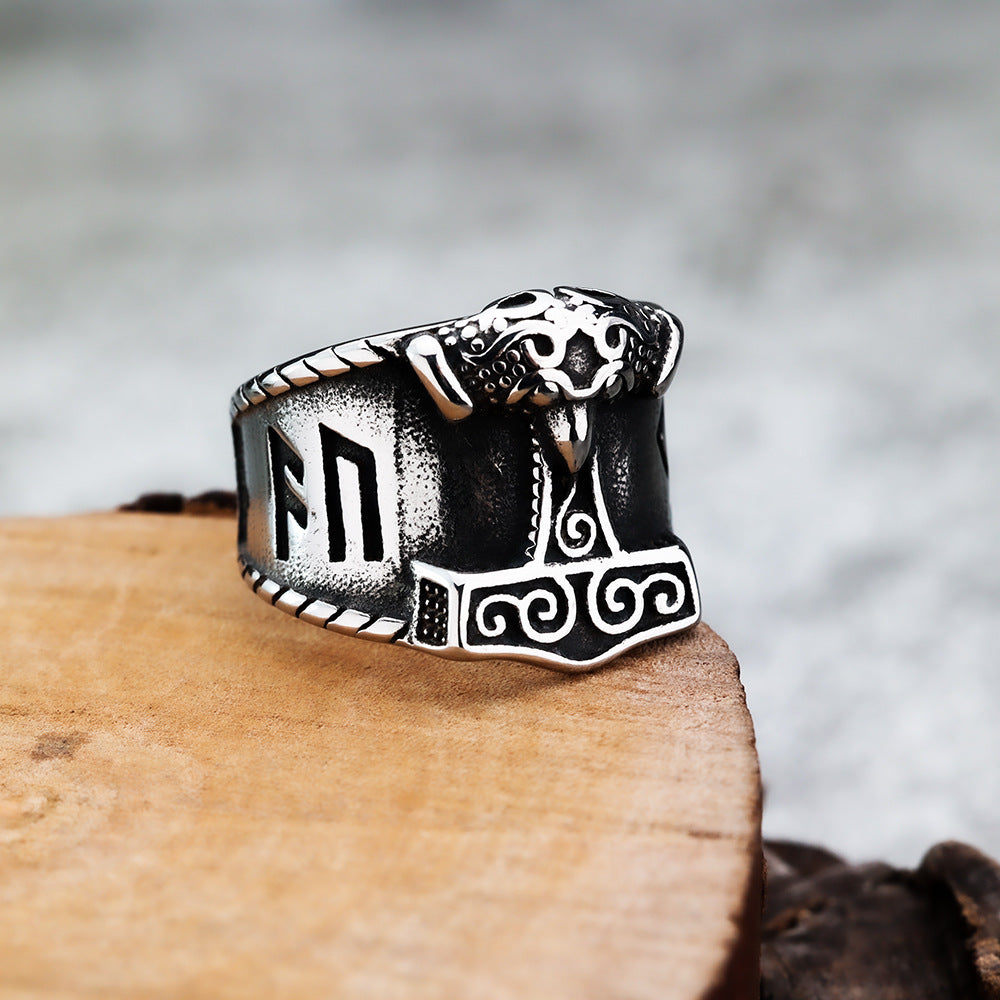 European And American Jewelry Titanium Steel Ring Nordic Viking Thor Hammer For Men