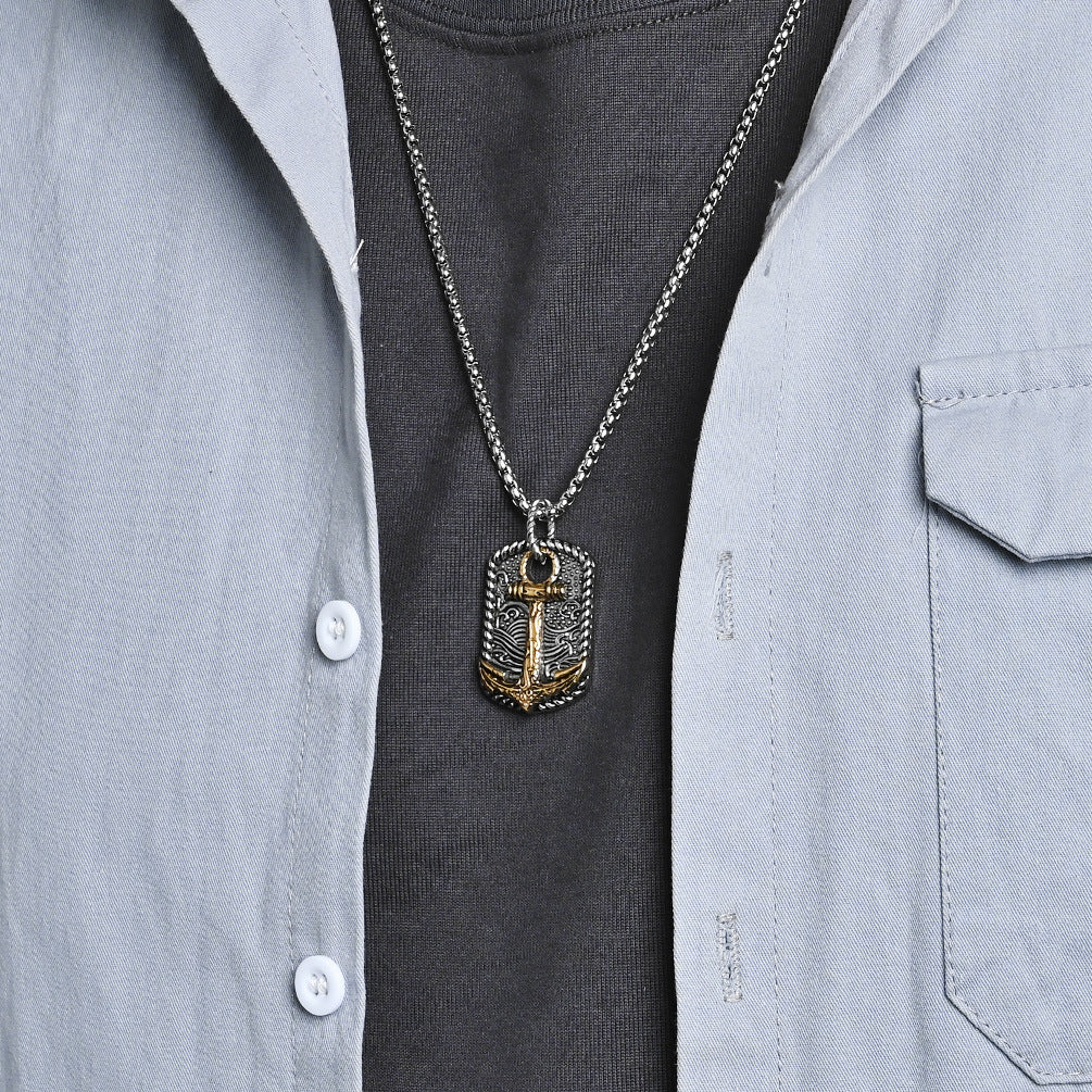 Planderful Titanium Steel Anchor Necklace for Men Retro Wave Design Durable Pendant