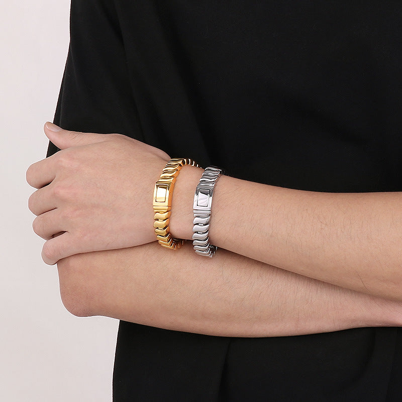 Titanium Steel Men's Bracelet with Polished Keel Chain and Wave Pattern Design