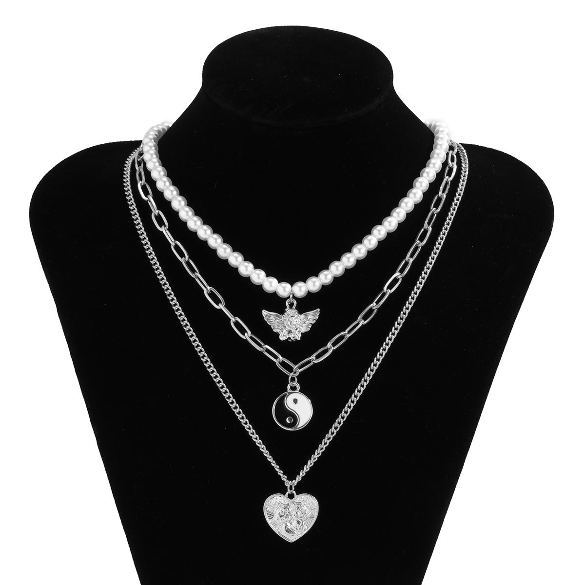 Imitation Pearl Angel Necklace Planderful For Women With Heart Portrait Tai Chi Design Statement Jewelry