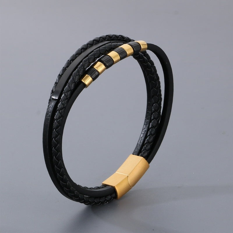 Stainless Steel Black Gold Beaded Leather Cord Bracelet – Multi-Layer Woven Magnetic