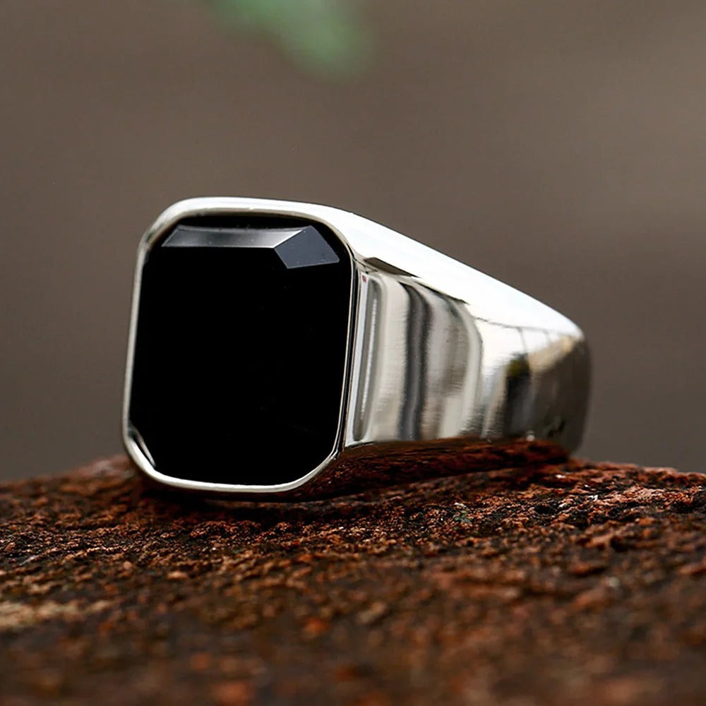 Stainless Steel Black Agate Ring For Men Retro Titanium Style Planderful Everyday Genie Collection