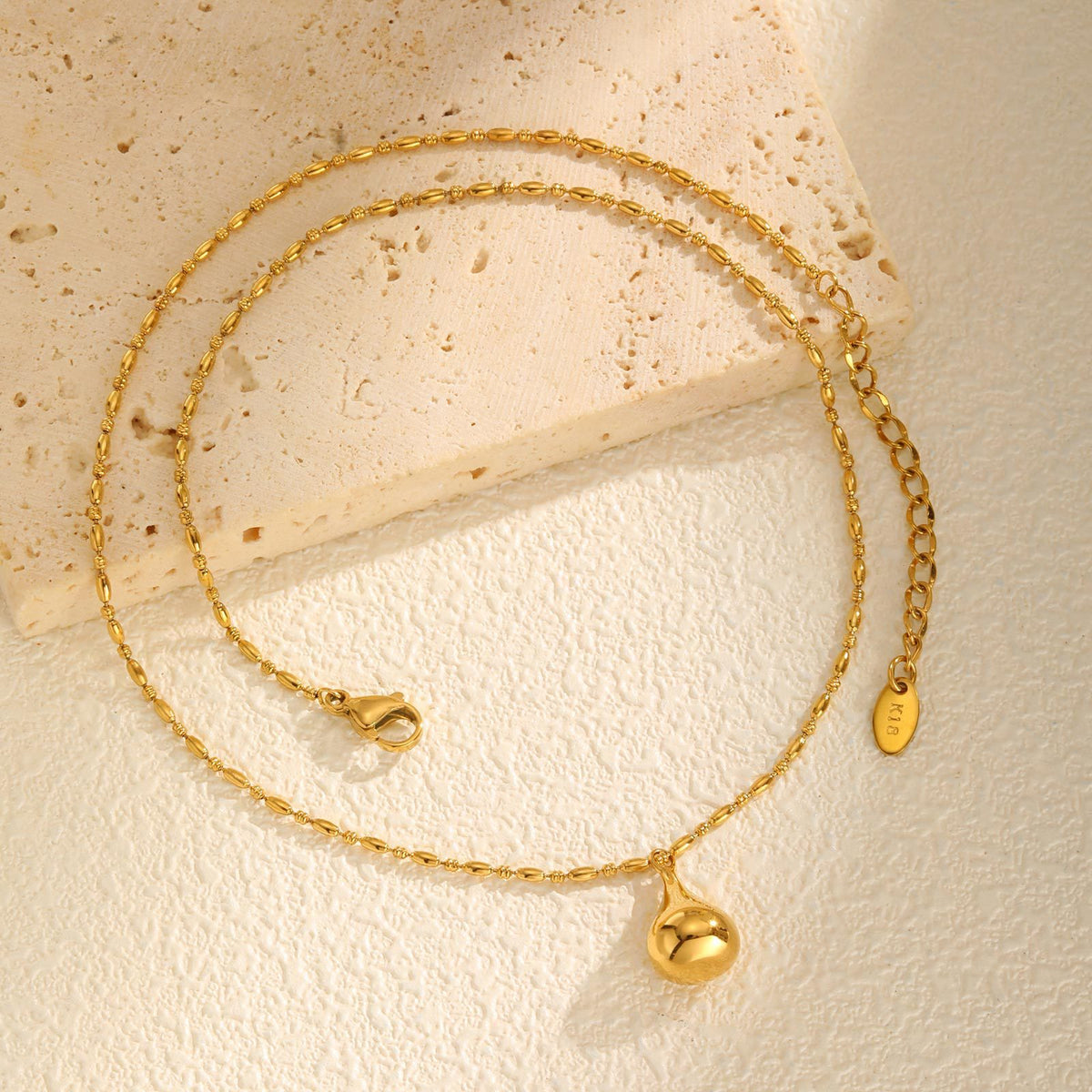 Stainless Steel Rice Bead Separator Chain Water Drop Pendant Necklace Gold Women's