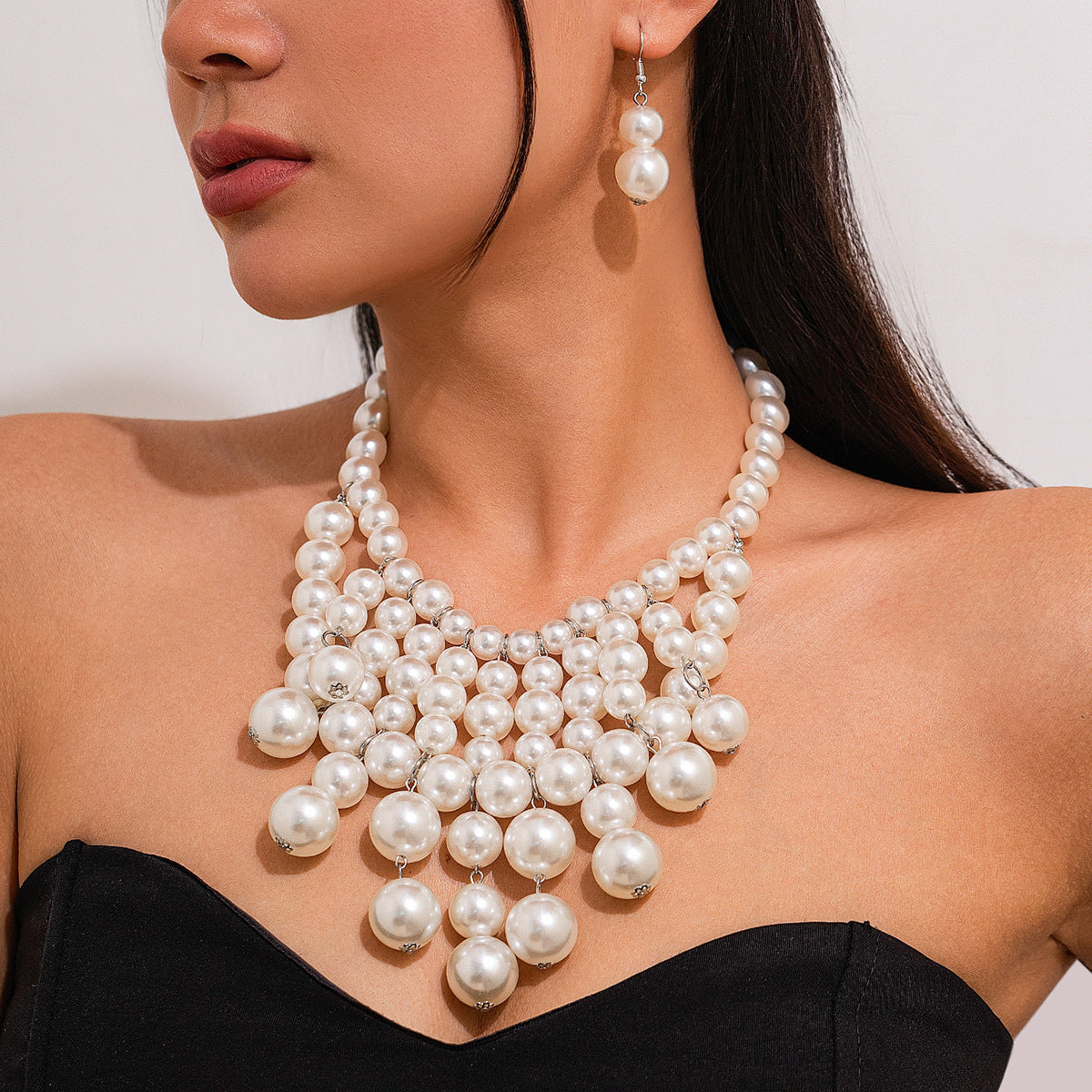 Pearl-Style Fringe Necklace & Earrings Set