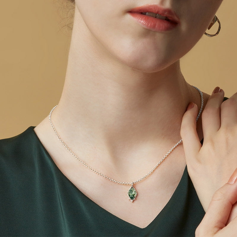 S925 Sterling Silver Moss Agate Geometric Pendant Necklace