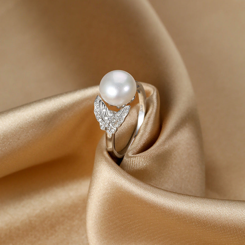 S925 Sterling Silver Freshwater Pearl Butterfly Ring — Adjustable