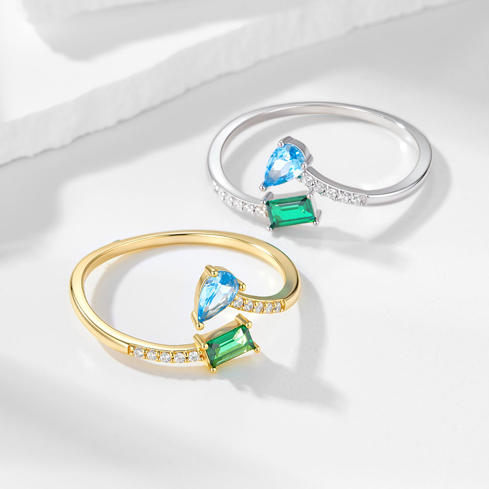Design Colored Zircon Open Sterling Silver Ring Retro Geometric Ring