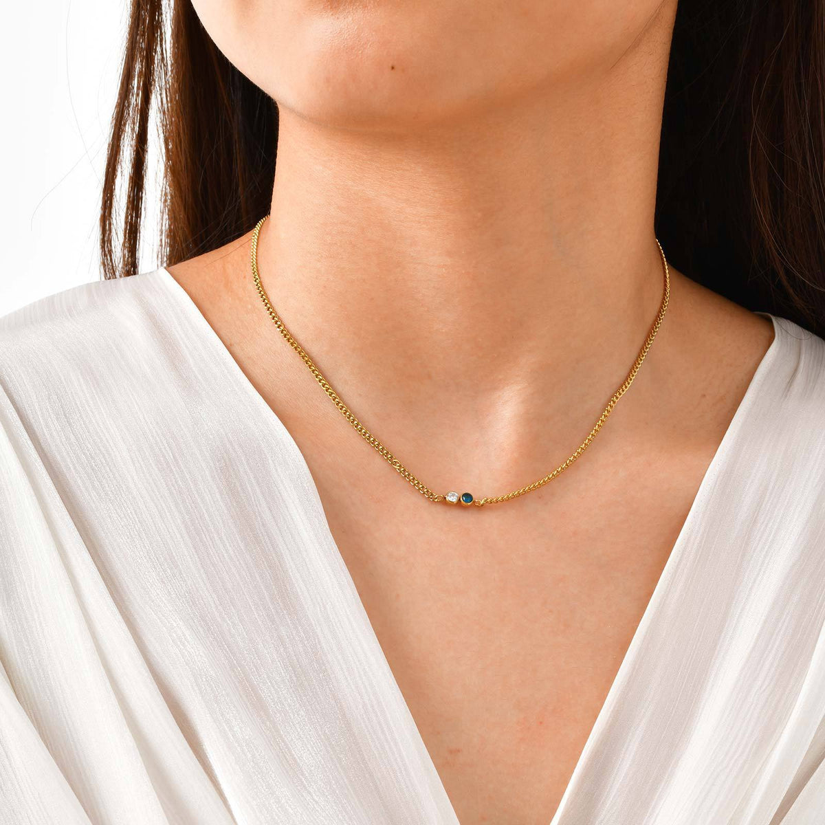 Stainless Steel European – American Cuban Chain Stylish White Blue Zircon Colored Necklace