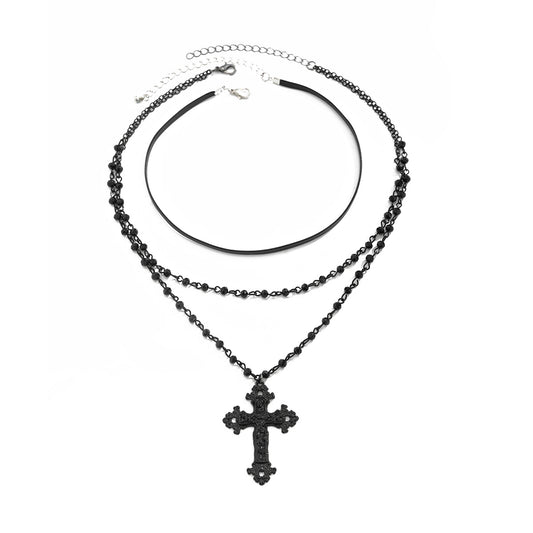 Dark Gothic Cross Layered Necklace Set