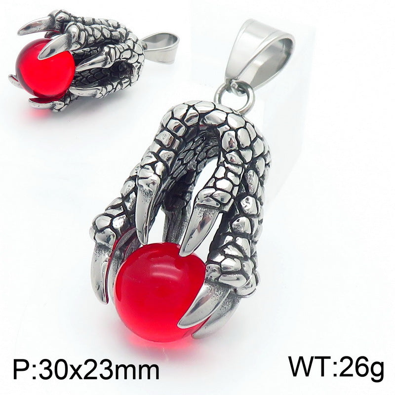 Bold Stainless Steel Dragon Claw Pendant with Red Bead - Retro European American Dominance for Men
