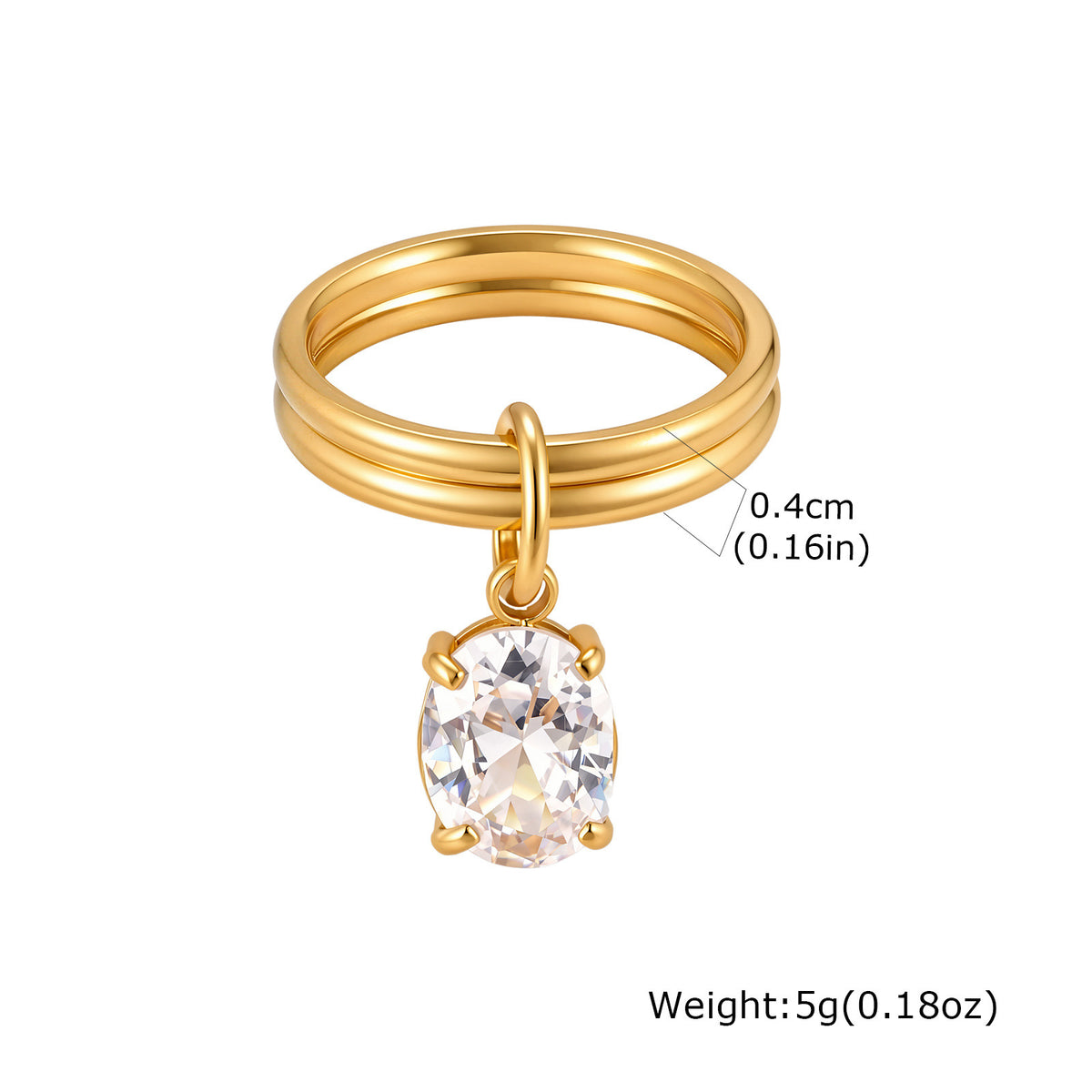 Stainless Steel Double Ring Square White Zircon