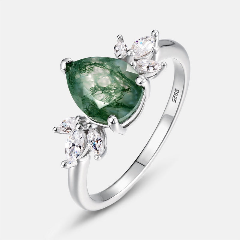 Planderful Jewelry Sterling Silver Ring With Aquatic Agate And Green Moss Zircon Accent