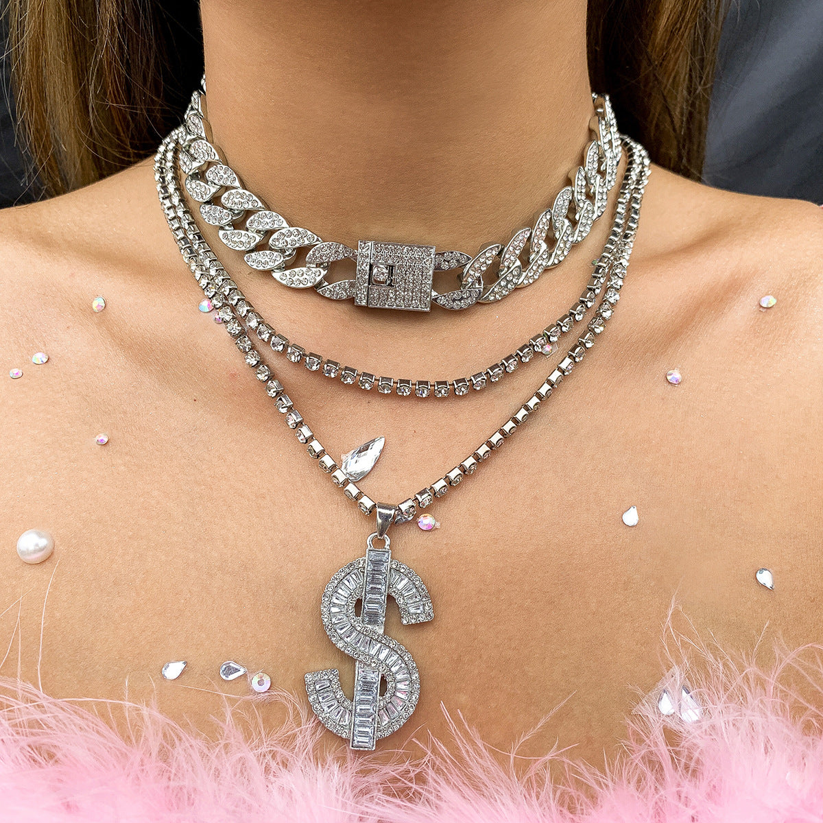 Planderful Vienna Verve Cuban Link Pendant Necklace With Zircon Full Sparkle For Women Adjustable