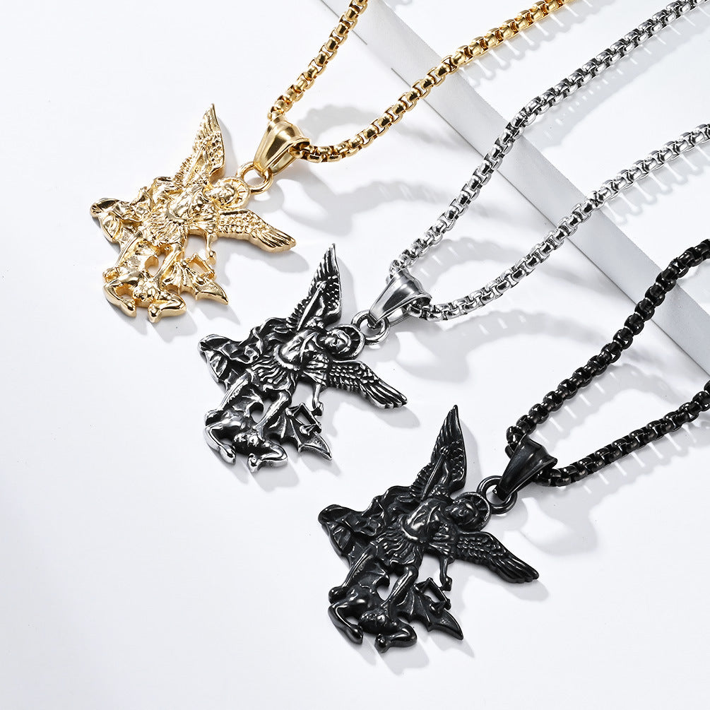 Planderful St Michael Archangel Necklace Fade Resistant Steel Chain Vintage Design Patron Saint Jewelry For Faith Lovers