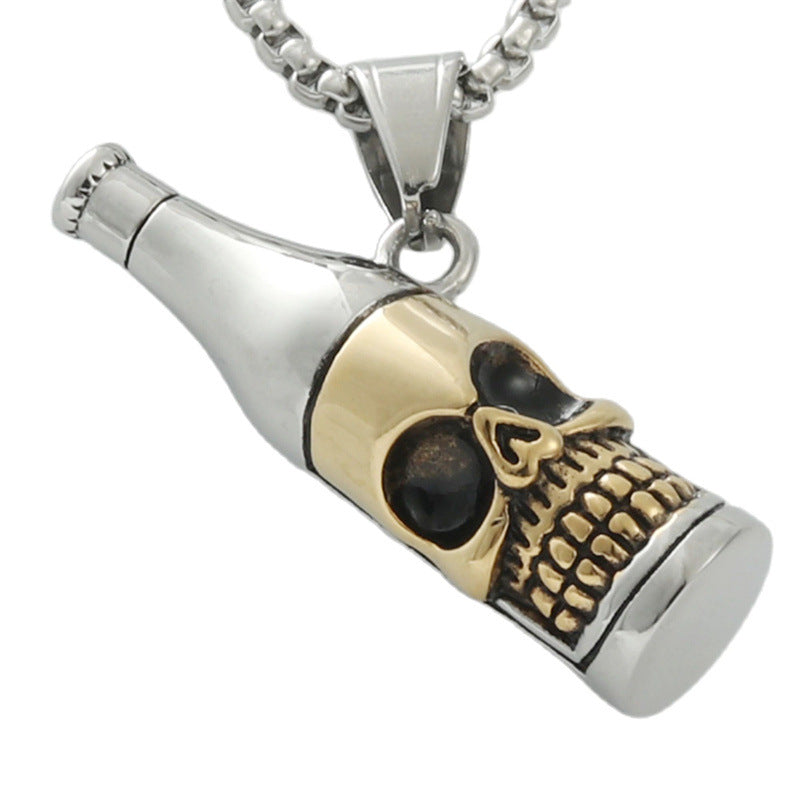 Stylish Titanium Steel Skull Wine Bottle Pendant Necklace for Men