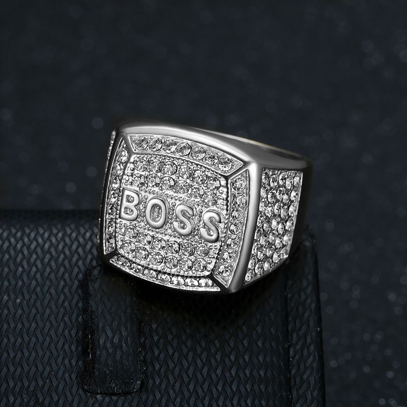 Planderful Hip Hop Ring For Men Titanium Steel Gold Plated Rhinestone Square Boss Letter Bold Statement Accessory