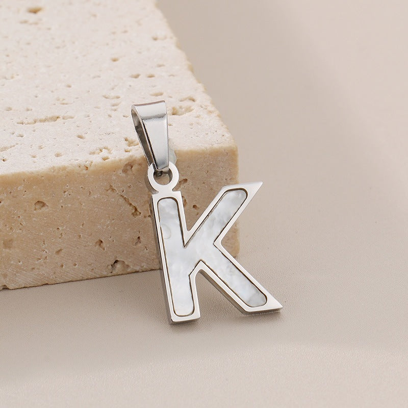 Women's'S Titanium Steel 26-Letter Pendant, White Fritillary Inlaid Stainless Steel Necklace