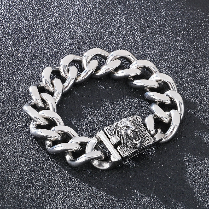 Planderful Mens Bracelet Bold Lion Head Buckle Cuban Chain