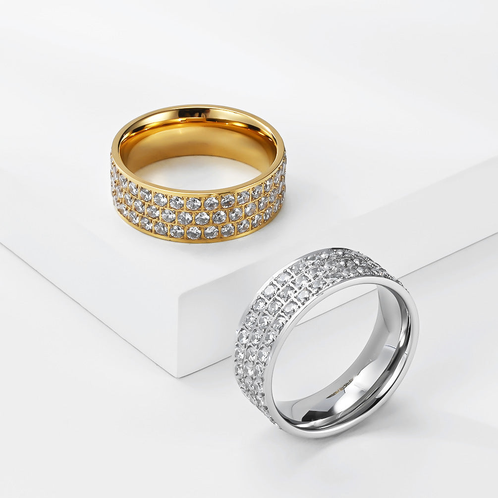 Neutral Style Stainless Steel Three Rows Pavé Zircon Ring Unisex