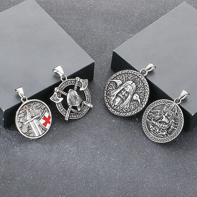 Templars Red Cross Jewelry, Viking Battleship Tomahawk Crow Odin Titanium Steel Men's Pendant Necklace