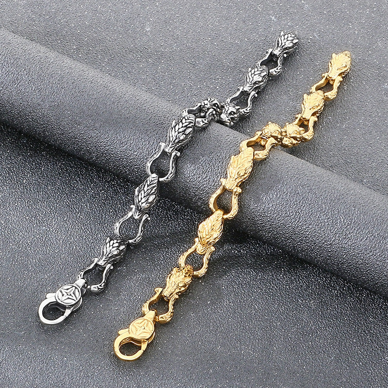 Nordic Viking Design Wolf – Antique Tail Biting Wolf Head Stainless Steel Men's Bracelet